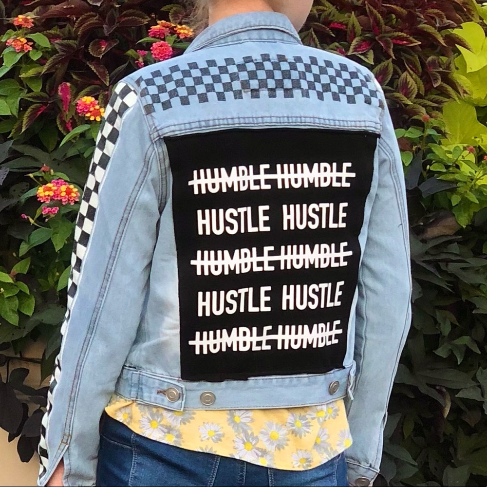 Light blue denim jacket “humble - hustle” with racer checker stripes